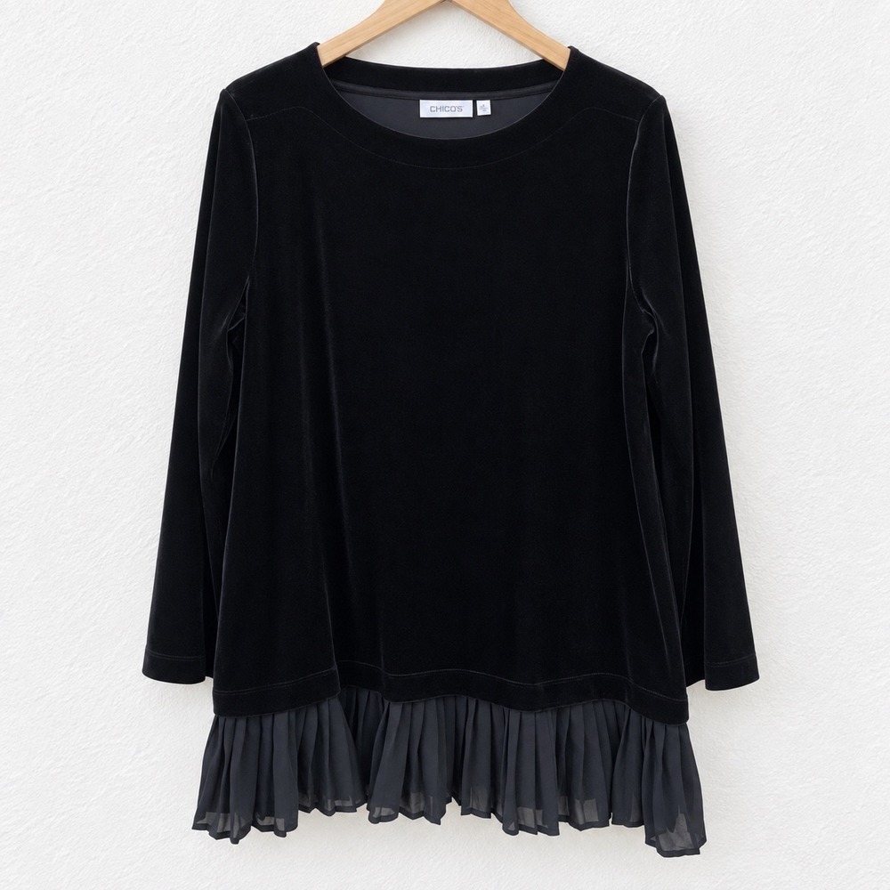 Chico's Black Velvet Pleated Chiffon Hem Tunic Top Long Sleeve Size 2 Large